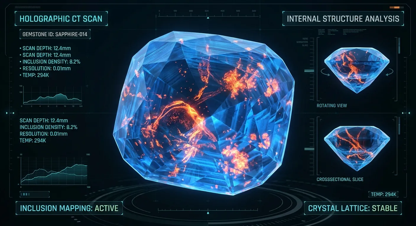 3D CT scan visualization of internal gemstone inclusions and stress patterns