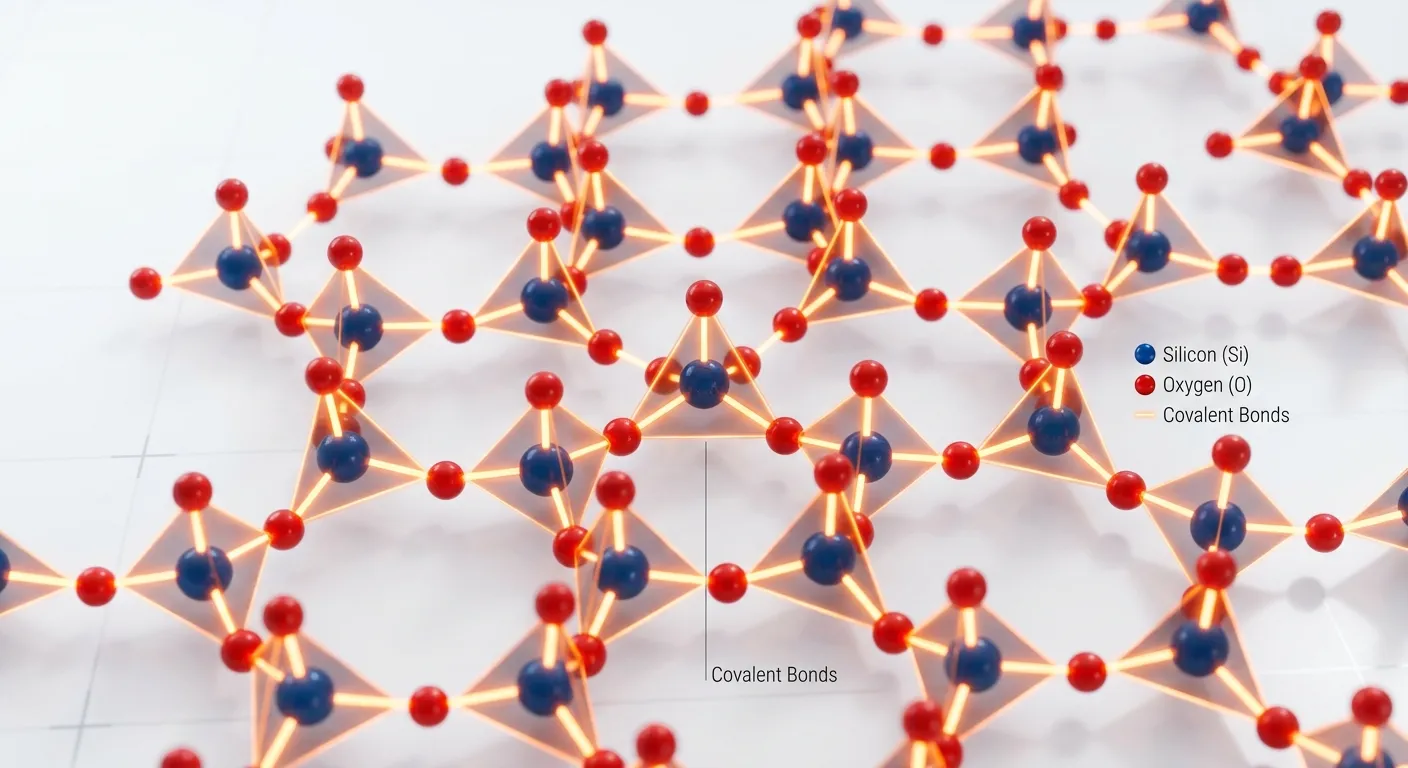 3D visualization of a hexagonal crystal lattice showing silicon-oxygen tetrahedra bonding