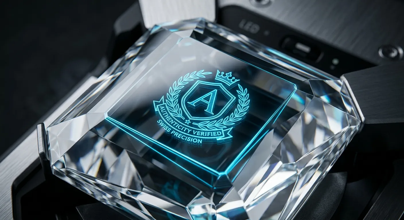 Microscopic view of a laser-engraved authenticity logo on a precision-cut crystal facet